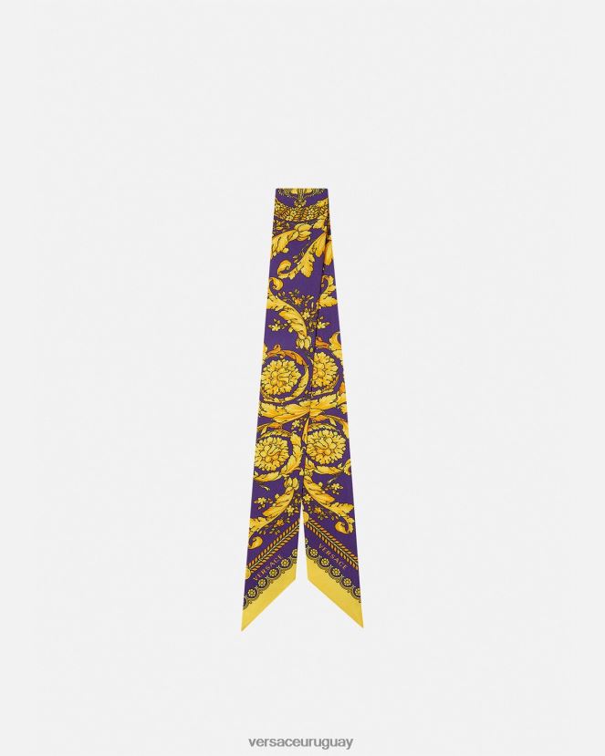 Versace corbata tipo pañuelo de seda barroco mujer violeta y oro accesorios H88R0H916