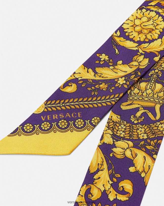 Versace corbata tipo pañuelo de seda barroco mujer violeta y oro accesorios H88R0H916