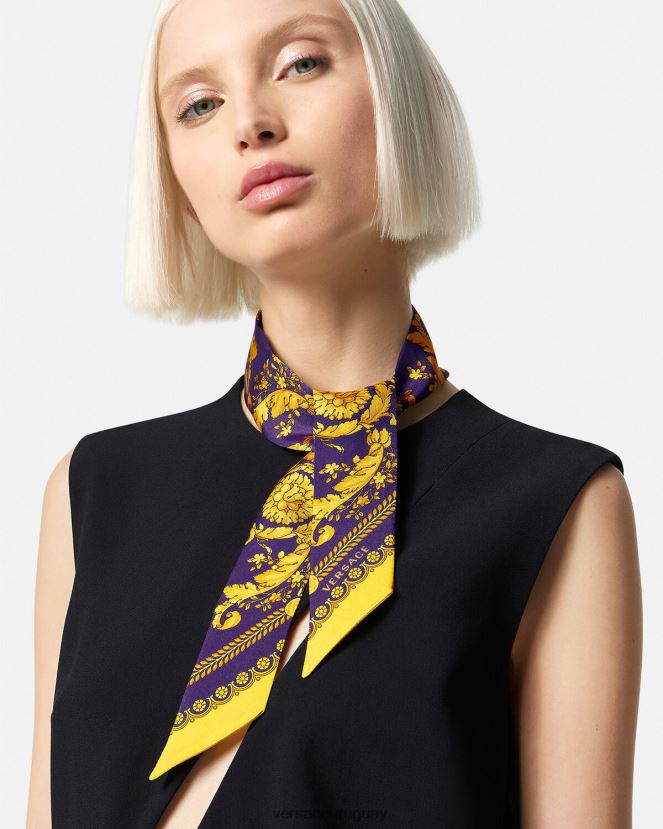 Versace corbata tipo pañuelo de seda barroco mujer violeta y oro accesorios H88R0H916