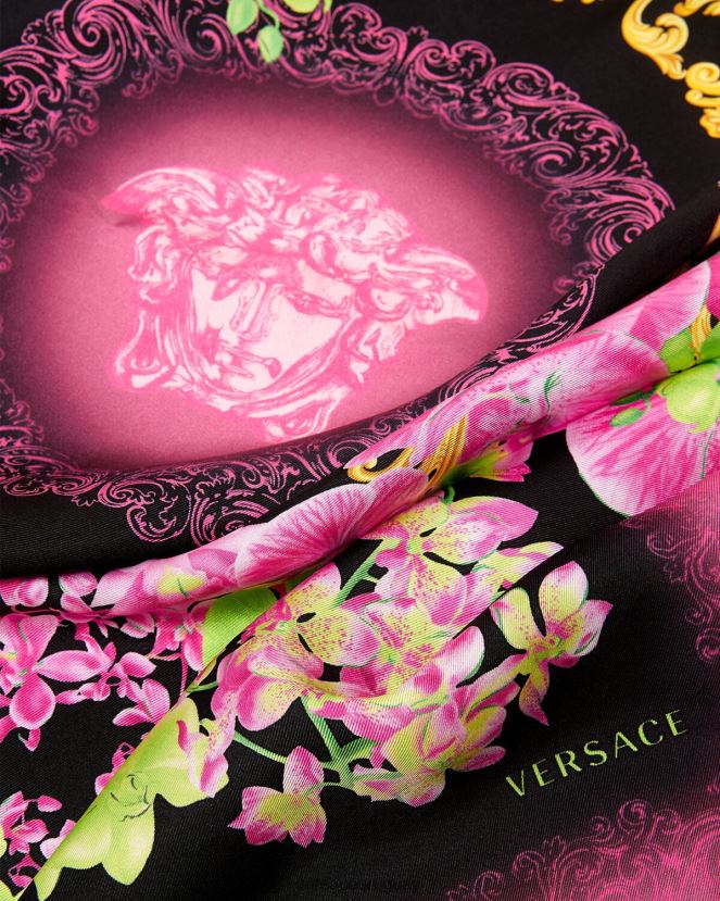 Versace fular de seda grande orquídea medusa mujer negro y estampado accesorios H88R0H929