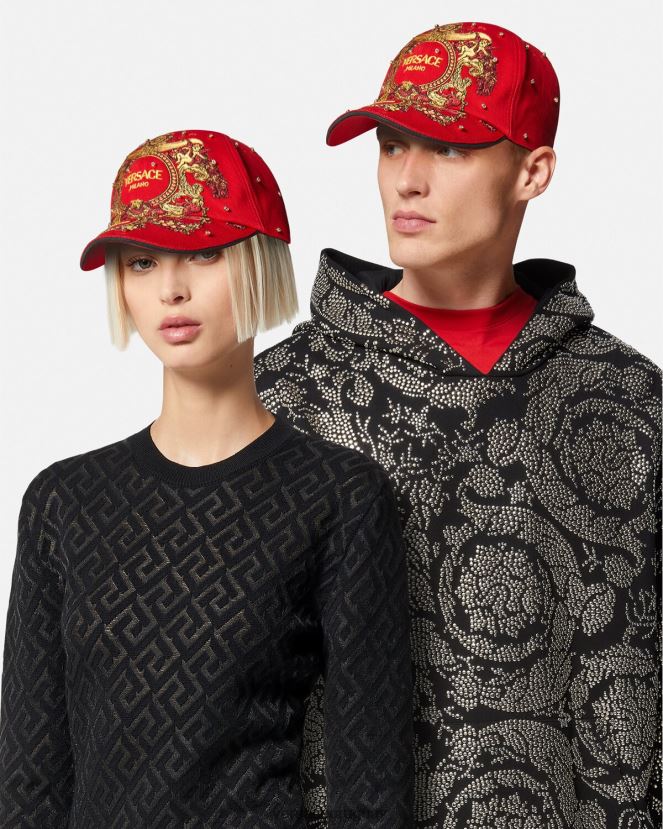 Versace gorra de béisbol con rejilla de cristal barroco mujer rojo accesorios H88R0H909