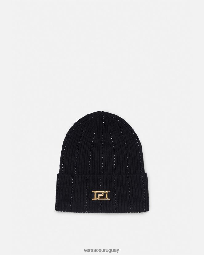 Versace gorro de canalé con greca y cristales mujer negro accesorios H88R0H874