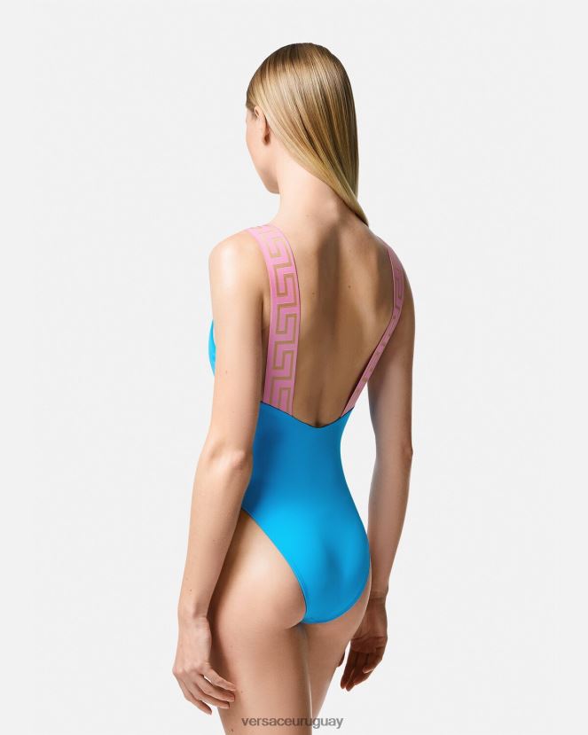 Versace traje de baño de una pieza con borde de greca mujer azul ropa interior y ropa de playa H88R0H1136