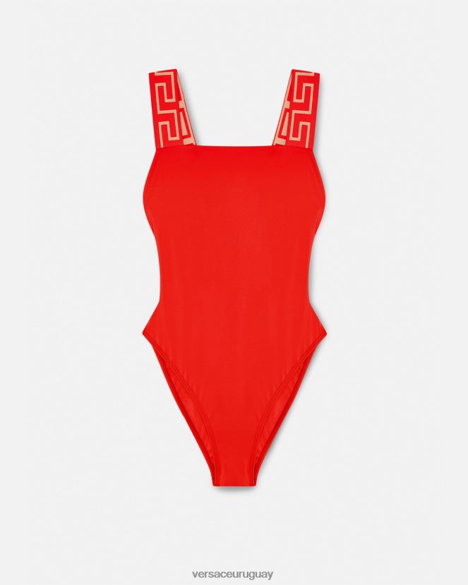 Versace traje de baño de una pieza con borde de greca mujer rojo ropa interior y ropa de playa H88R0H1159