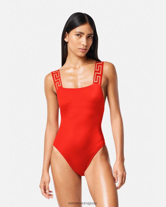 Versace traje de baño de una pieza con borde de greca mujer rojo ropa interior y ropa de playa H88R0H1159