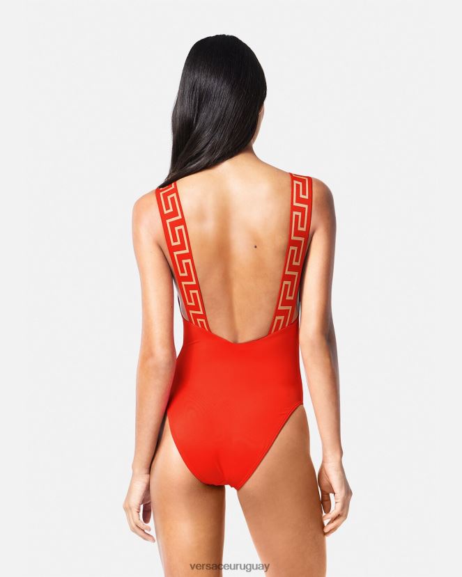 Versace traje de baño de una pieza con borde de greca mujer rojo ropa interior y ropa de playa H88R0H1159