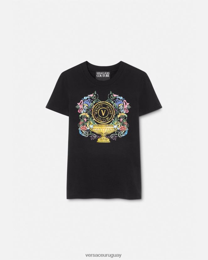 Versace camiseta con emblema en V mujer oro negro ropa H88R0H2231