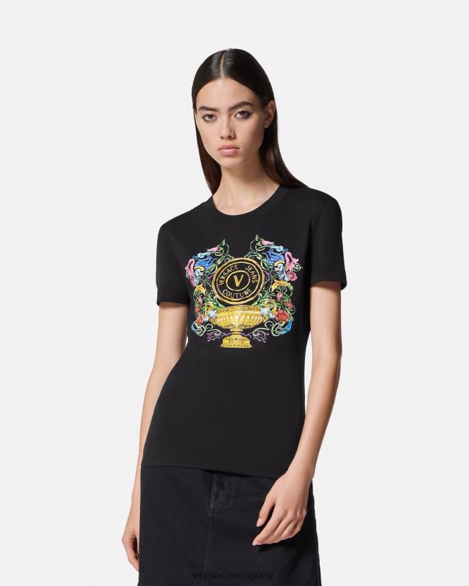 Versace camiseta con emblema en V mujer oro negro ropa H88R0H2231