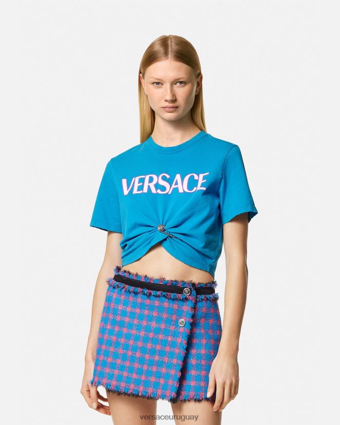 Versace camiseta con logo de imperdible mujer azul ropa H88R0H140