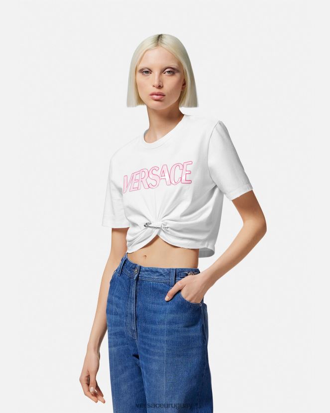 Versace camiseta con logo de imperdible mujer blanco ropa H88R0H138