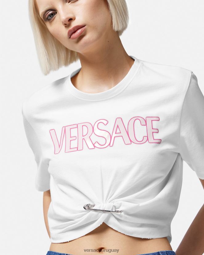 Versace camiseta con logo de imperdible mujer blanco ropa H88R0H138