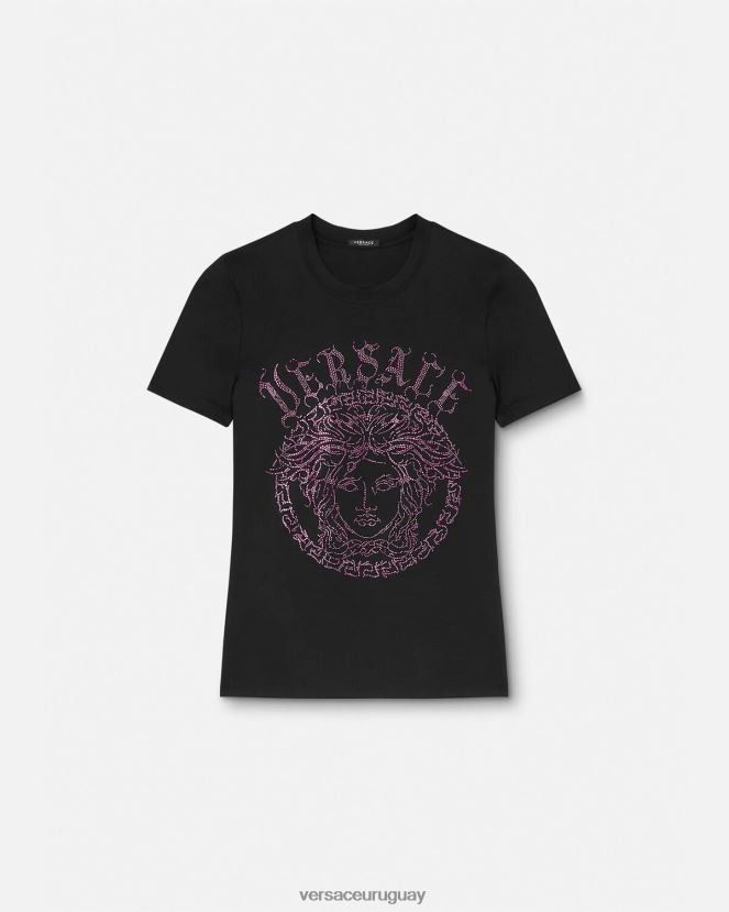 Versace camiseta con logo de medusa y cristales mujer negro y rosa ropa H88R0H153