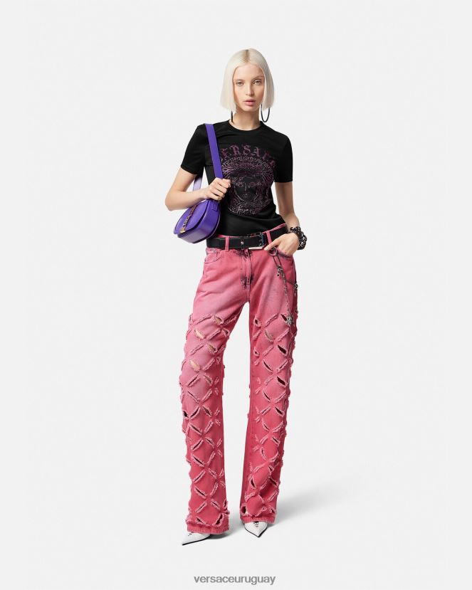 Versace camiseta con logo de medusa y cristales mujer negro y rosa ropa H88R0H153