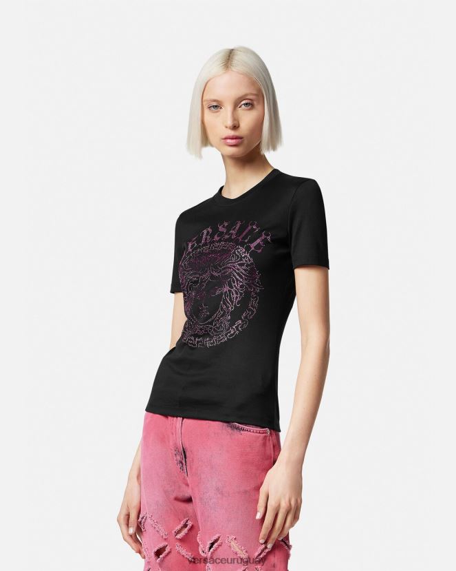Versace camiseta con logo de medusa y cristales mujer negro y rosa ropa H88R0H153