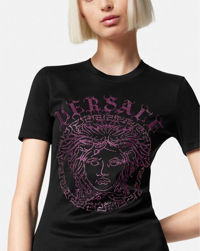 Versace camiseta con logo de medusa y cristales mujer negro y rosa ropa H88R0H153