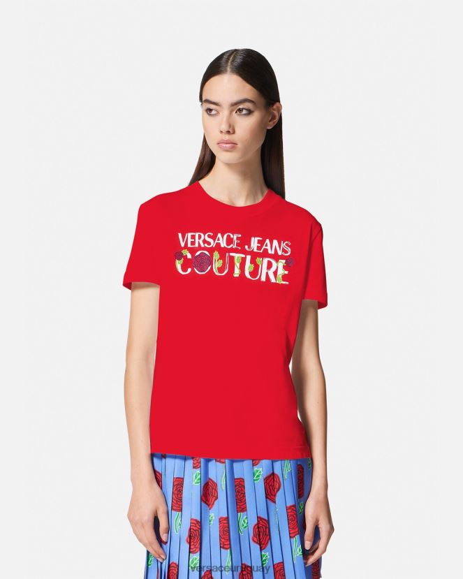 Versace camiseta con logo de rosas mujer naranja ropa H88R0H2168