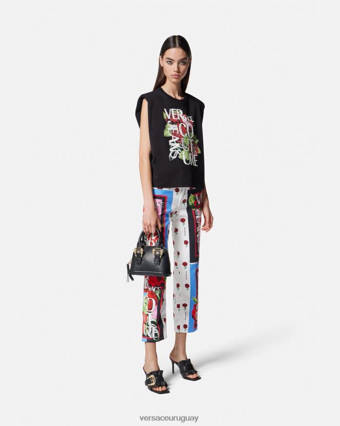 Versace camiseta con logo de rosas mujer negro ropa H88R0H2174