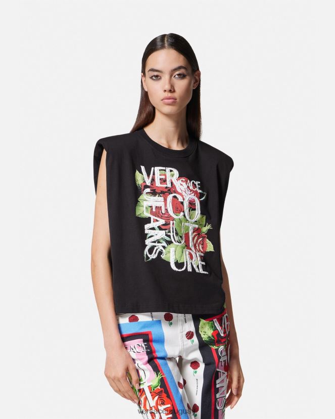 Versace camiseta con logo de rosas mujer negro ropa H88R0H2174