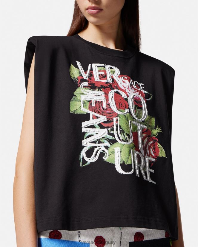 Versace camiseta con logo de rosas mujer negro ropa H88R0H2174