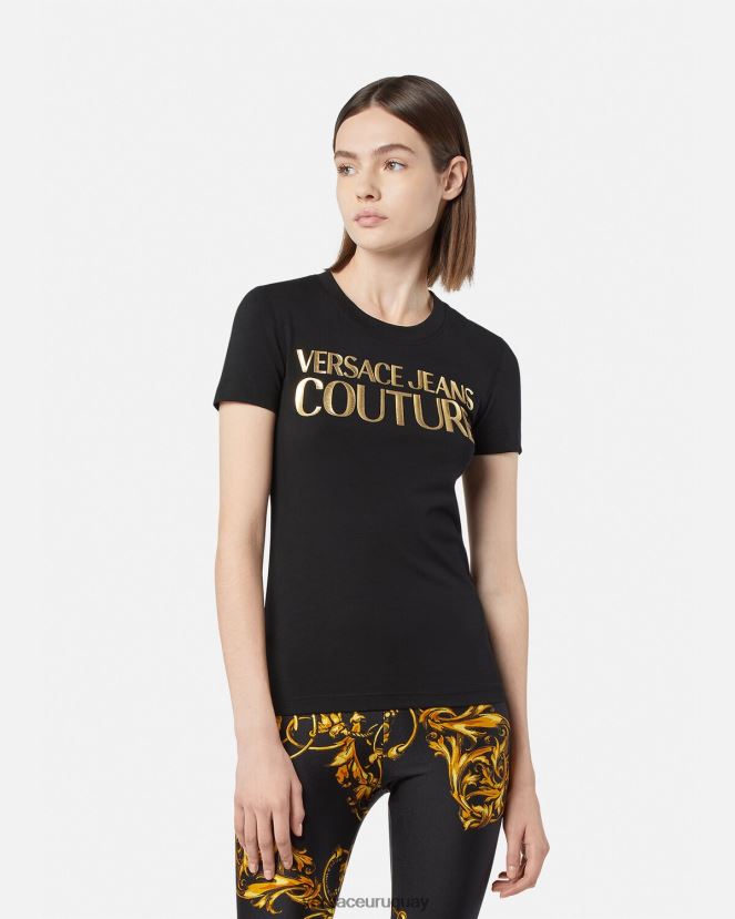 Versace camiseta con logo mujer oro negro ropa H88R0H2233