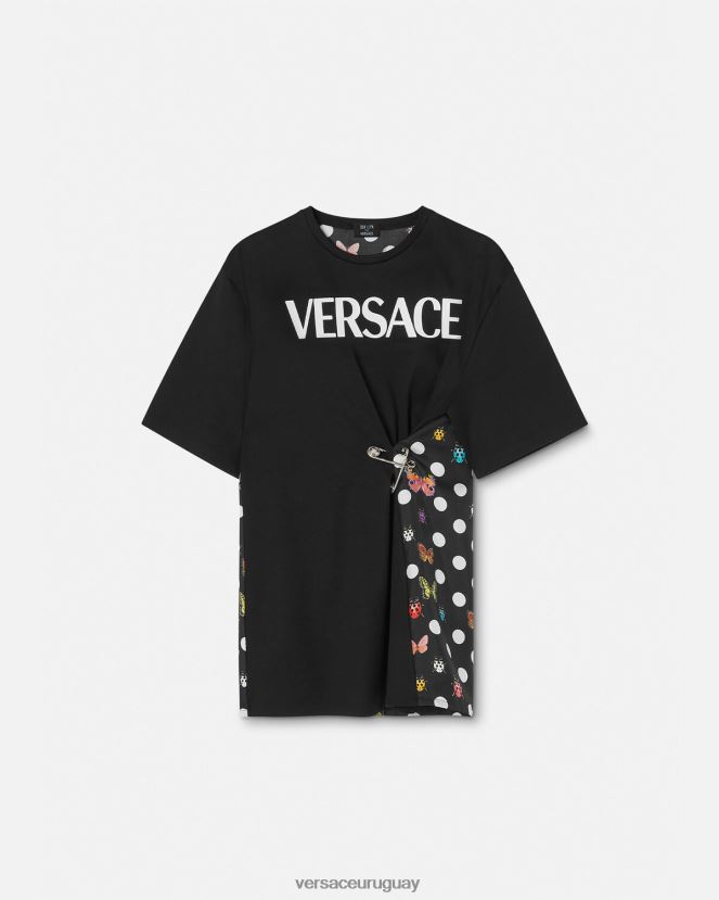 Versace camiseta con logo y mariposas mujer negro y naranja y rojo ropa H88R0H131