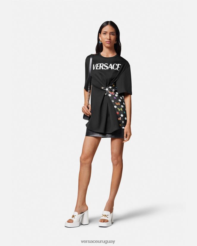 Versace camiseta con logo y mariposas mujer negro y naranja y rojo ropa H88R0H131
