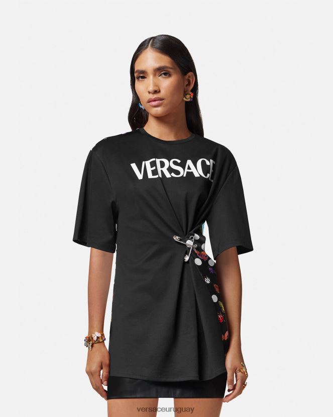 Versace camiseta con logo y mariposas mujer negro y naranja y rojo ropa H88R0H131