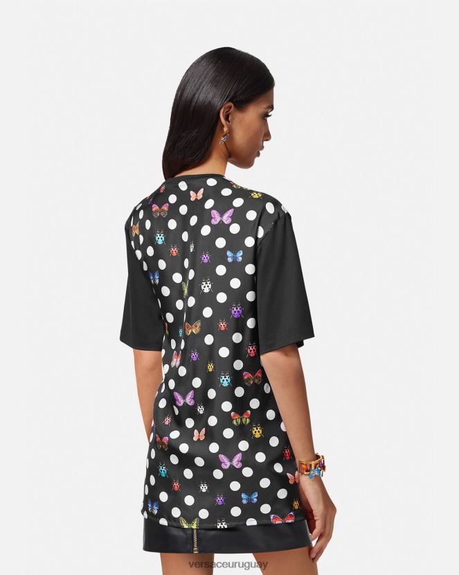 Versace camiseta con logo y mariposas mujer negro y naranja y rojo ropa H88R0H131