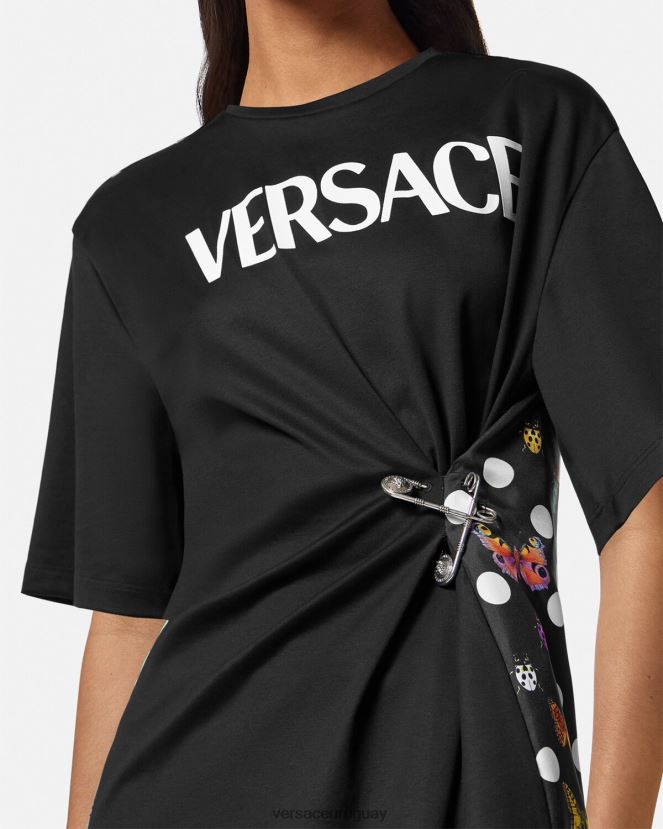 Versace camiseta con logo y mariposas mujer negro y naranja y rojo ropa H88R0H131