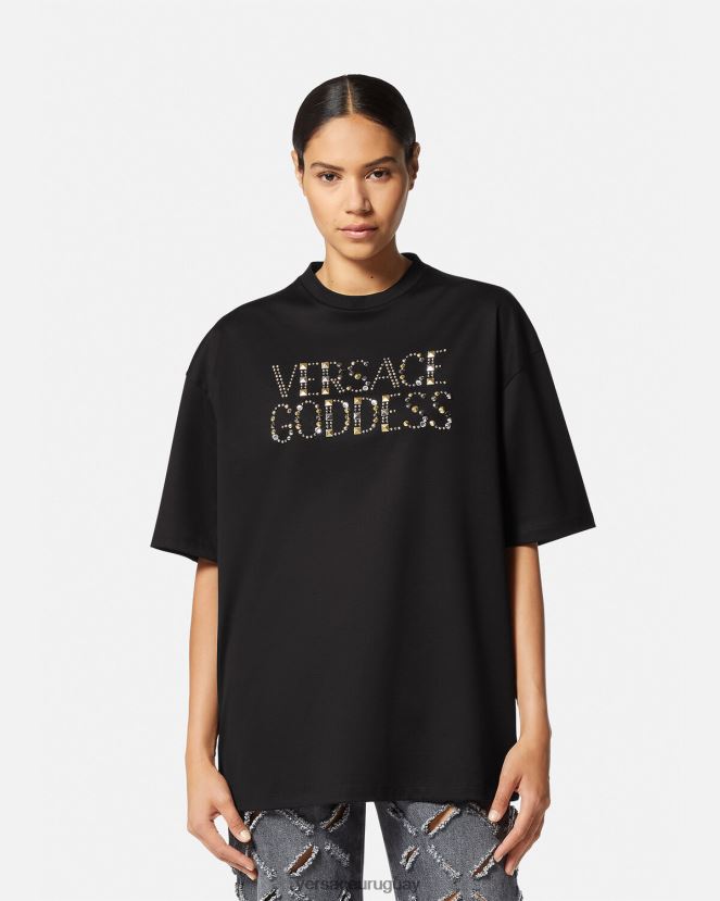Versace camiseta con tachuelas de diosa mujer negro ropa H88R0H156