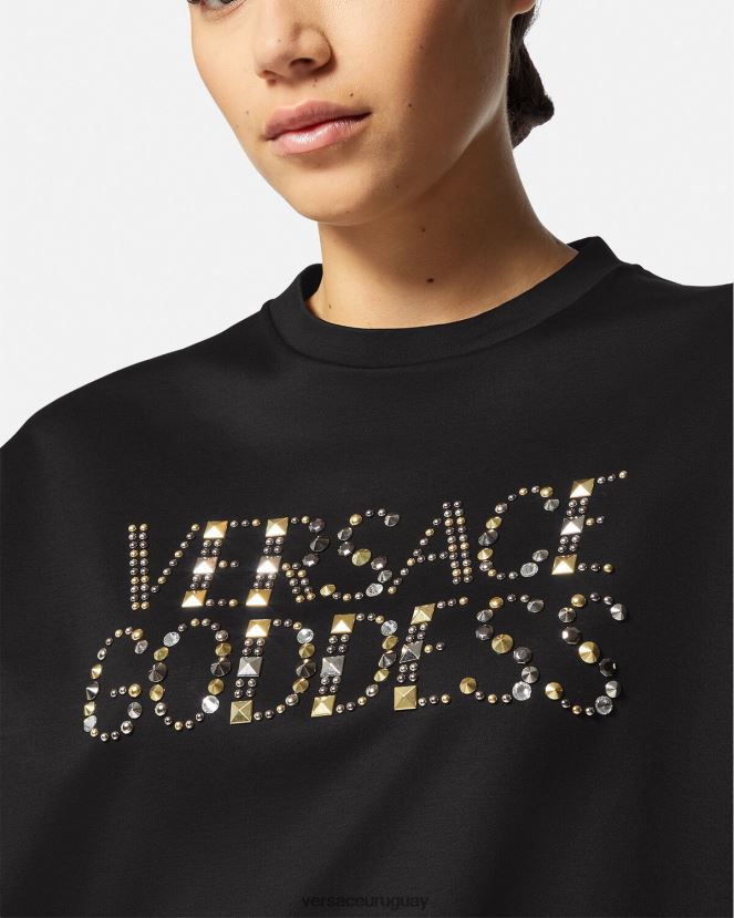 Versace camiseta con tachuelas de diosa mujer negro ropa H88R0H156