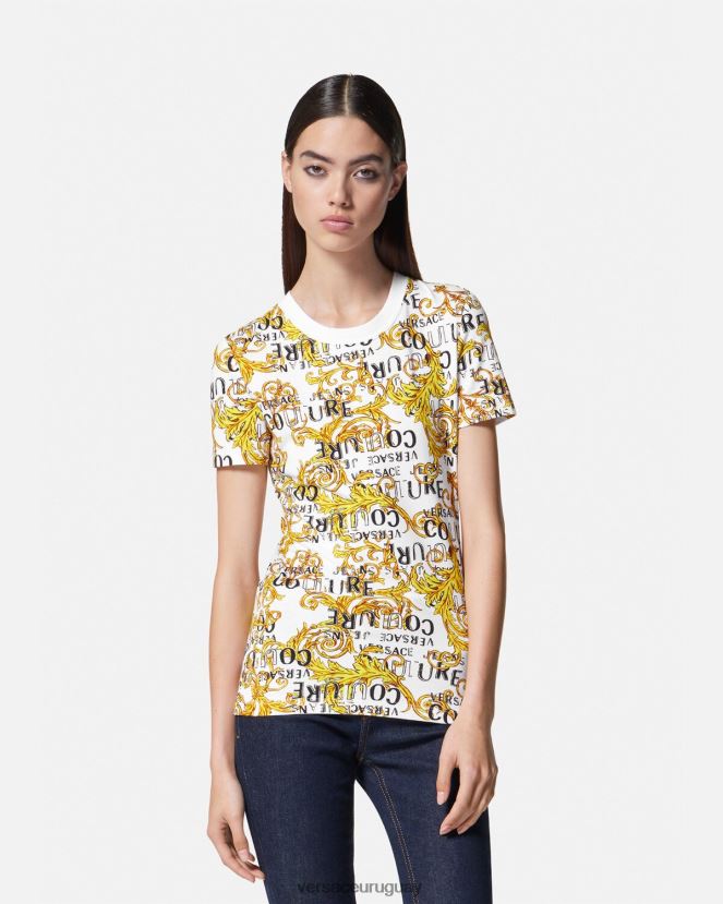 Versace camiseta de alta costura con logo mujer oro y blanco ropa H88R0H2223