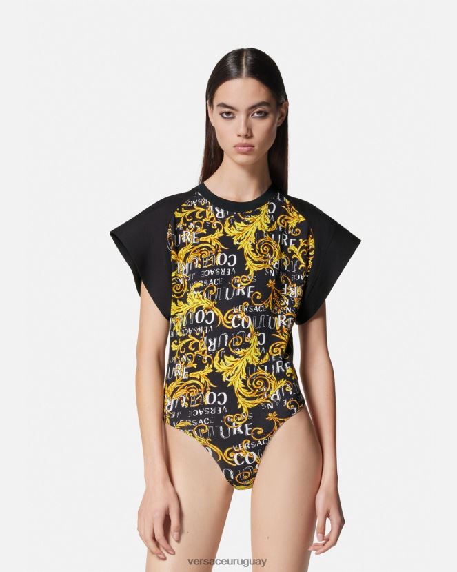 Versace camiseta tipo body de alta costura con logo mujer oro negro ropa H88R0H2208