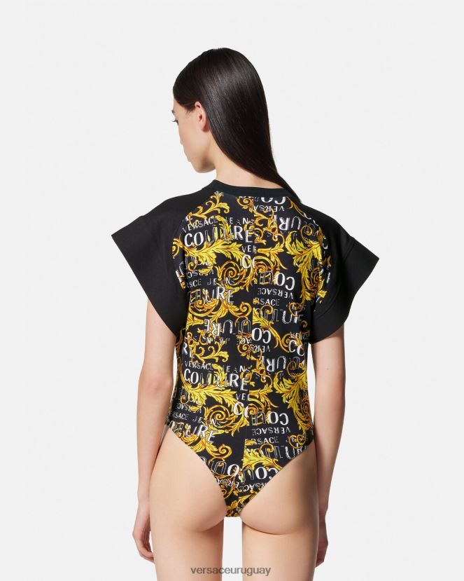 Versace camiseta tipo body de alta costura con logo mujer oro negro ropa H88R0H2208