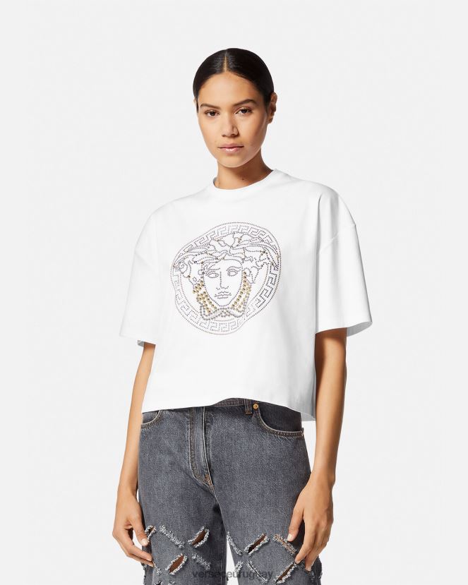 Versace top corto con tachuelas y medusa mujer blanco ropa H88R0H154