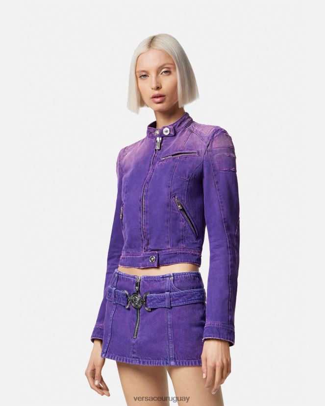 Versace chamarra biker de mezclilla con Medusa mujer Violeta ropa H88R0H93