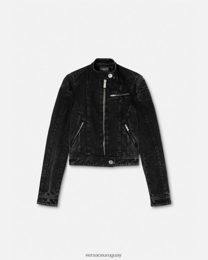 Versace chamarra biker de mezclilla con Medusa mujer negro ropa H88R0H100