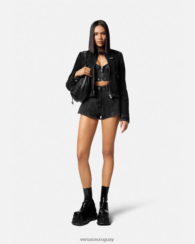 Versace chamarra biker de mezclilla con Medusa mujer negro ropa H88R0H100