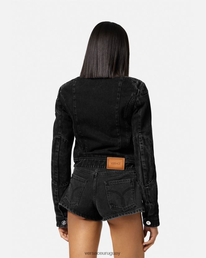 Versace chamarra biker de mezclilla con Medusa mujer negro ropa H88R0H100