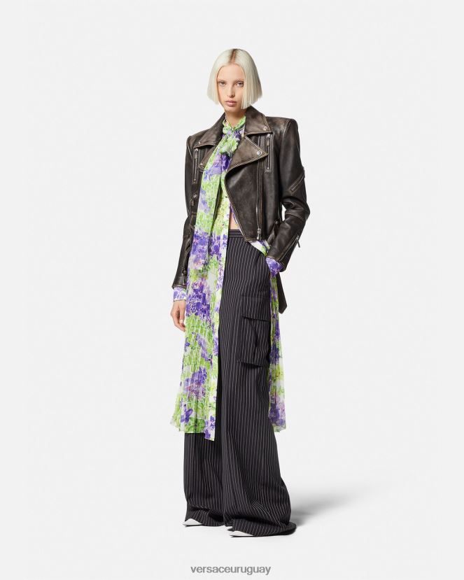 Versace chaqueta de cuero cepillada barroco mujer gris ropa H88R0H98