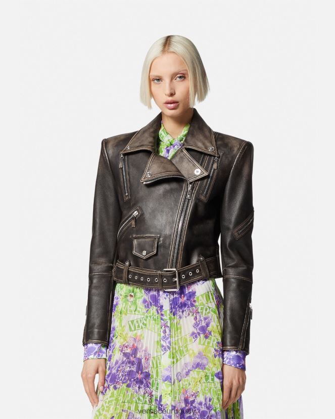 Versace chaqueta de cuero cepillada barroco mujer gris ropa H88R0H98