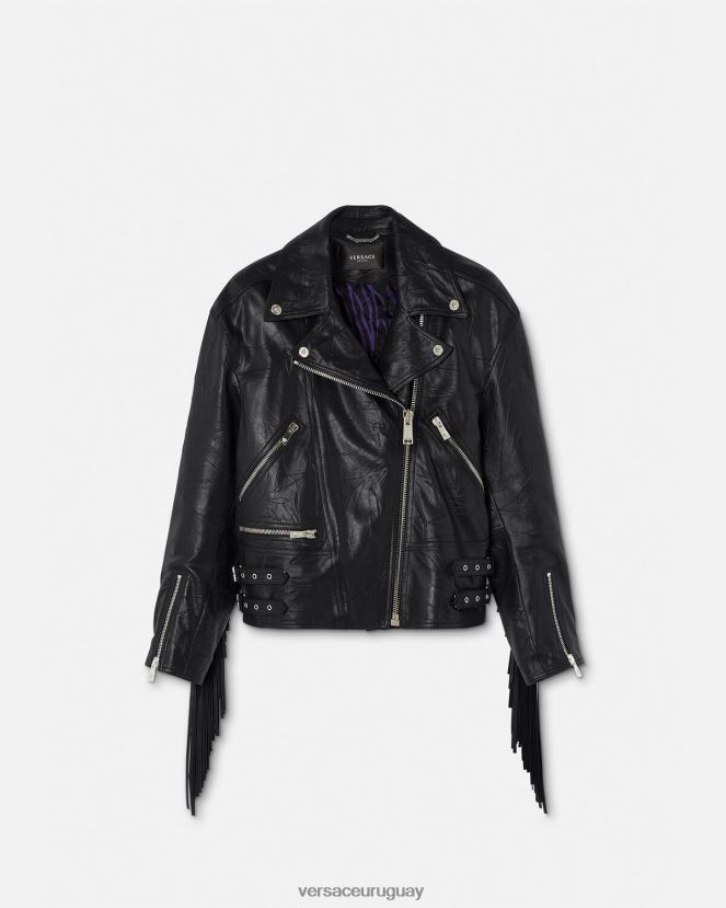 Versace chaqueta de cuero con flecos mujer negro ropa H88R0H101