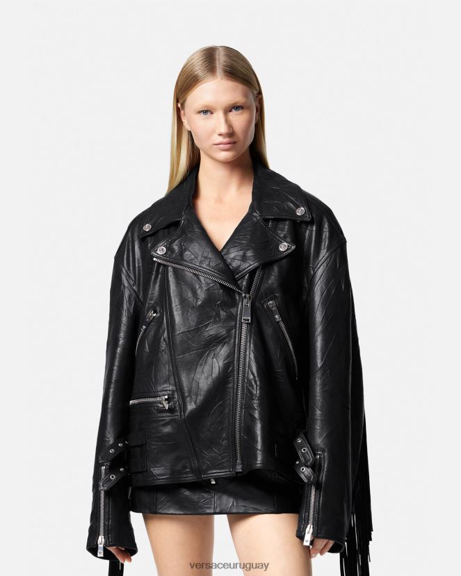 Versace chaqueta de cuero con flecos mujer negro ropa H88R0H101
