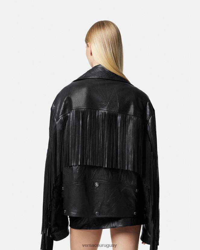 Versace chaqueta de cuero con flecos mujer negro ropa H88R0H101