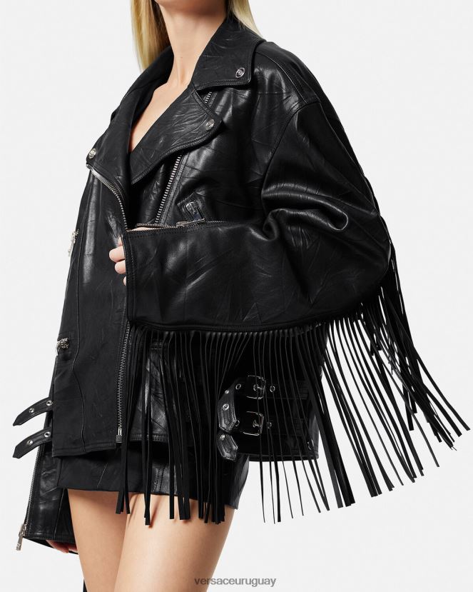 Versace chaqueta de cuero con flecos mujer negro ropa H88R0H101