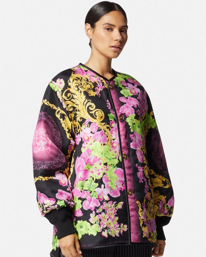 Versace chaqueta reversible con orquídeas medusa mujer negro y estampado ropa H88R0H99