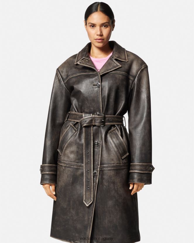 Versace gabardina barroco de cuero cepillado mujer gris ropa H88R0H97