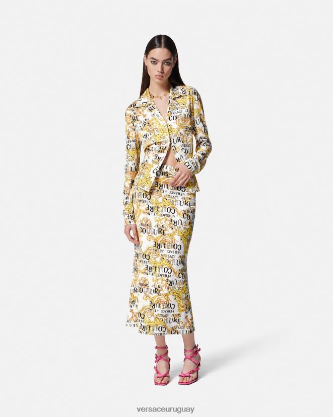 Versace falda midi de alta costura con logo mujer oro y blanco ropa H88R0H2251