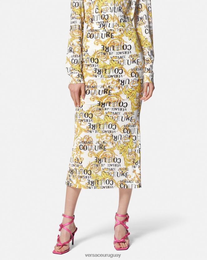 Versace falda midi de alta costura con logo mujer oro y blanco ropa H88R0H2251