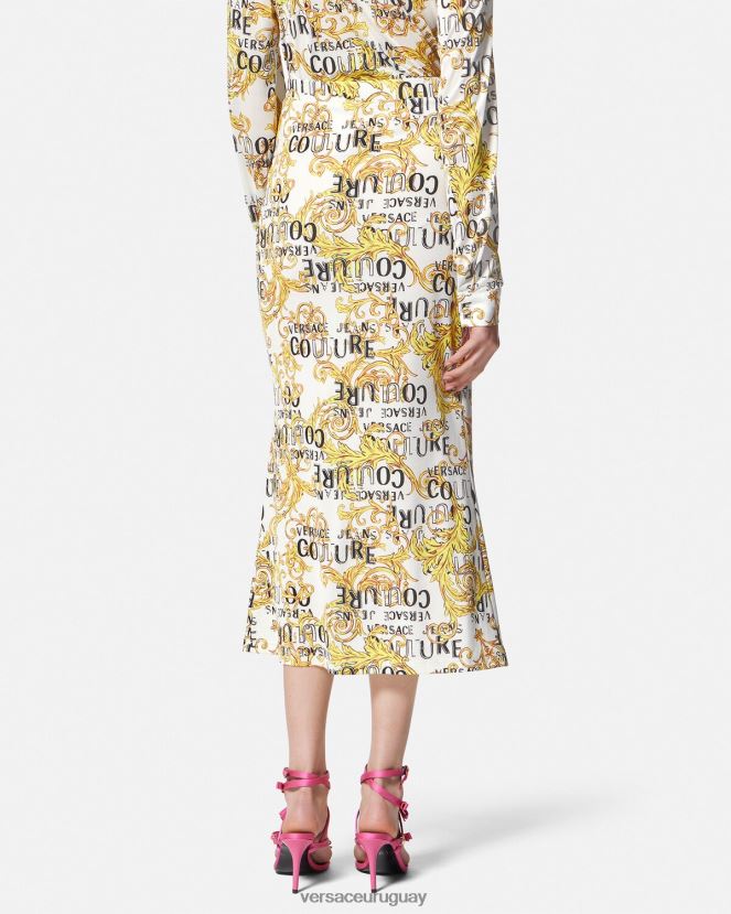 Versace falda midi de alta costura con logo mujer oro y blanco ropa H88R0H2251